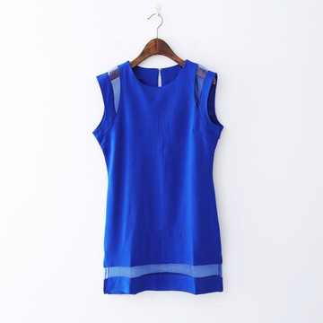 春季新款女裝時尚百搭圓領拼接網紗透視連衣裙無袖修身背心裙