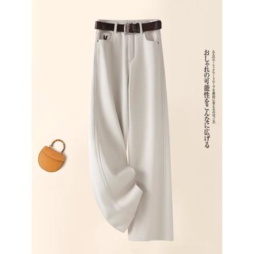 米白色加絨牛仔闊腿褲女2025秋冬新款高腰顯瘦時尚寬松窄版直筒褲