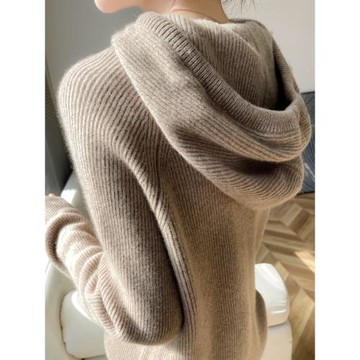 秋冬新款連帽100純山羊絨衫女加厚寬松套頭帶帽衛衣針織帽衫