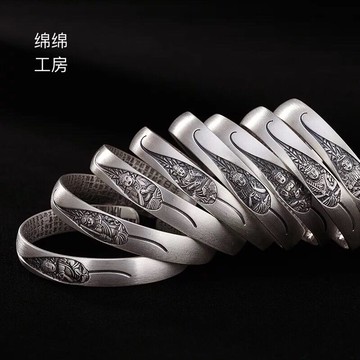 S999足銀復古做舊本命佛守護神心經男女士純銀飾品開口手鐲手環