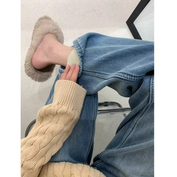 ROOLRREN 大尺碼牛仔褲 美式復古 直筒褲 高腰牛仔褲 刷毛 闊腿牛仔褲 拖地牛仔褲 韓版牛仔褲 顯瘦 褲子女