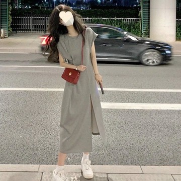 灰色休閒T卹洋裝子夏季女裝開叉長裙 睡裙 T恤裙 大尺碼 睡衣裙 洋裝大尺碼连身裙E14