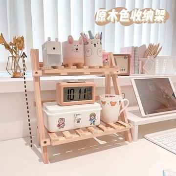 原木色桌面雙層置物架 鏤空書桌收納架多肉置物架子花架