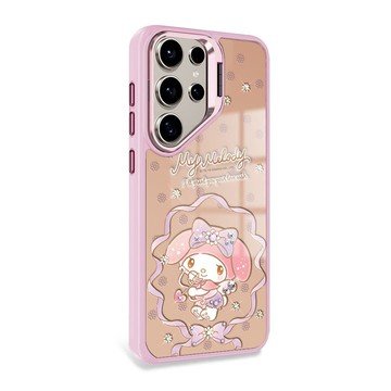 S25/S24/S23 軍規防摔合金框隱形立架鏡面彩鑽殼-美樂蒂邱比特-粉