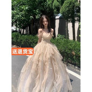 香檳色晚禮服高端輕奢華小眾主持人學生畢業公主裙成人禮森系超仙