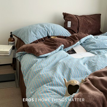 日系簡約秋冬條紋床包組 復古牛奶絨 四件套 加厚博主風 ins秋冬珊瑚絨 被套