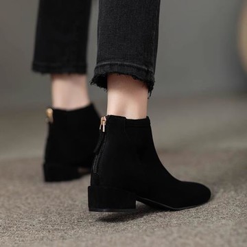 2025秋冬新款歐美風低跟圓頭后拉鏈時裝靴百搭短靴女短筒通勤單靴