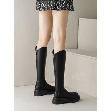 長筒靴女2024新款厚底小個子不過膝騎士靴春秋顯瘦氣質v口高筒靴