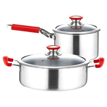 好料理 厚釜雙鍋組 430不鏽鋼鍋身 附鍋蓋  銀色 + 紅色  湯鍋 + 奶鍋  1組