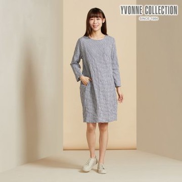 YVONNE 以旺傢飾 皺皺細格紋提花長袖洋裝-永恆灰