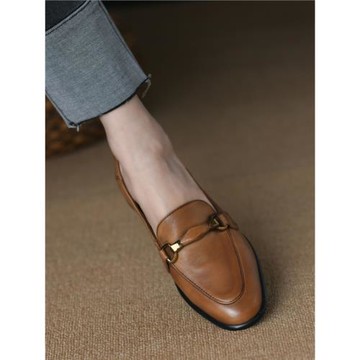 深口單鞋女低跟2025新款春季真皮樂福平底鞋英倫風復古粗跟小皮鞋