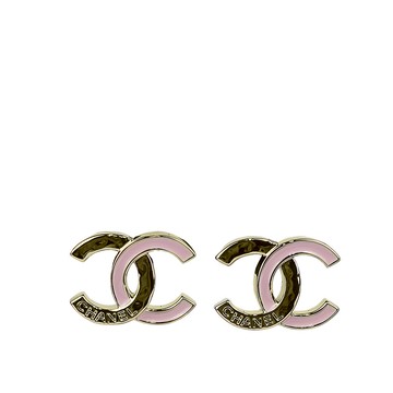CHANEL CC Logo 標誌刻印拼色針式耳環(金色/玫瑰粉)