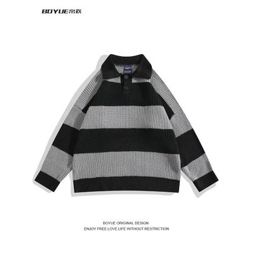 BOYUE帛躍條紋翻領毛衣秋季韓版慵懶復古時尚男青少年polo衫衛衣