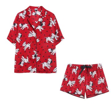 外貿甜美卡通動漫短袖順滑綢緞家居套裝女 寬松單排扣睡衣短褲