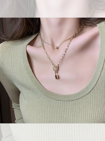 銀色小鎖吊墜項鏈女年新款潮冷淡風雙層疊戴鎖骨鏈OT扣毛衣鏈