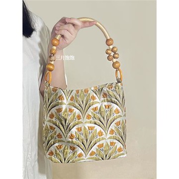 三月飽飽春夏新款郁金香提花腋下包復古新中式木珠編織鏈條托特包