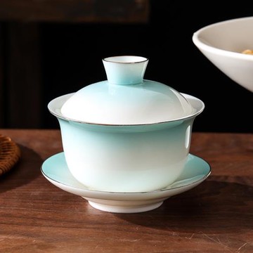 手繪漸變蓋碗茶杯單個三才泡茶碗茶壺公道杯家用套裝不燙手泡茶杯