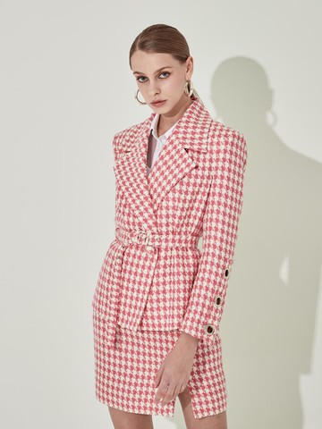 Houndstooth Eyelet Above-Knee H-Line Skirt [Pink]