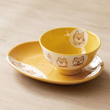 瀨戶燒-撞色釉彩手繪柴犬飯碗/餐盤禮盒