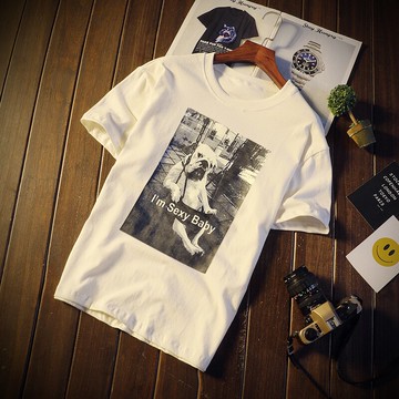 ins超火的短袖T恤男韓版胖子學生純棉歐美潮牌狗狗印花半截袖體恤