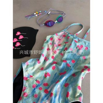 性感遮肉顯瘦連體比基尼小胸純欲游泳衣女印花吊帶露背競速游泳衣