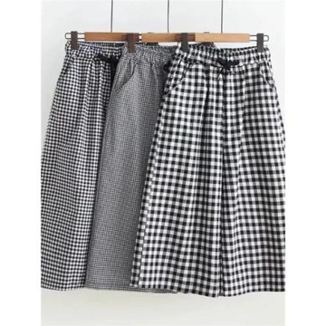 棉麻格子女裝時尚大碼寬松七分褲