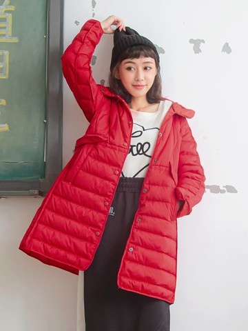 防潑水綁帶連帽高領長版羽絨外套