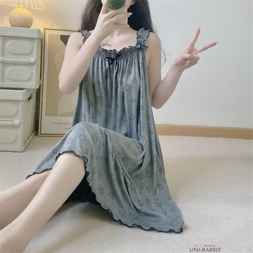 2-300斤韓版笑臉背心薄款睡裙女吊帶寬鬆涼爽透氣卡通大碼T恤裙夏無袖睡裙女士寬鬆睡裙女士居家睡裙女士休閒睡裙夏季睡裙