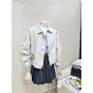 米白色春秋季寬松休閑短款皮衣
