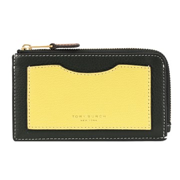 TORY BURCH 152911 燙金LOGO撞色L型拉鍊卡片零錢包.深綠/黃