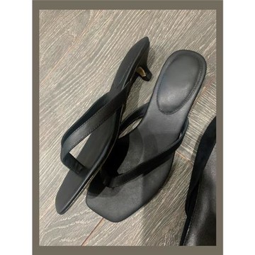 羊皮版~簡約小眾夾腳真皮人字拖鞋女小貓跟半拖鞋中跟涼鞋涼拖鞋