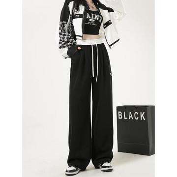 黑色運動褲女春秋2025新款高腰寬松顯瘦美式衛褲休閑直筒闊腿褲子