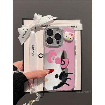 適用蘋果16ProMax手機殼補妝鏡子iPhone17/15Pro粉色鏤空鏡面半臉kitty貓14plus少女心13女款12pm創意保護套