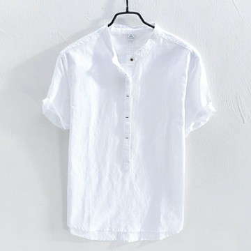 香港夏季新款純色短袖棉麻襯衫男士休閑立領修身半袖亞麻白襯衣薄