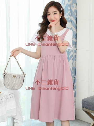 孕婦連身裙洋裝時尚款拼接過膝寬鬆純棉【不二雜貨】