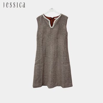 JESSICA - 復古人字紋珠飾無袖小香風洋裝244722