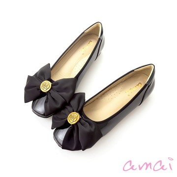 amai 氣質千金小香風大蝴蝶結方頭平底鞋 娃娃鞋 低跟鞋 平底鞋 懶人鞋 低跟 時尚 大尺碼 黑色 FF13-9BK