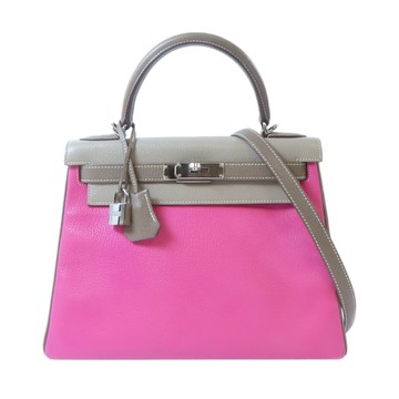 HERMES 愛馬仕 粉紅色 灰色 Chevre皮革 Kelly 28 凱莉包 兩用包 銀扣 【二手名牌BRAND OFF】