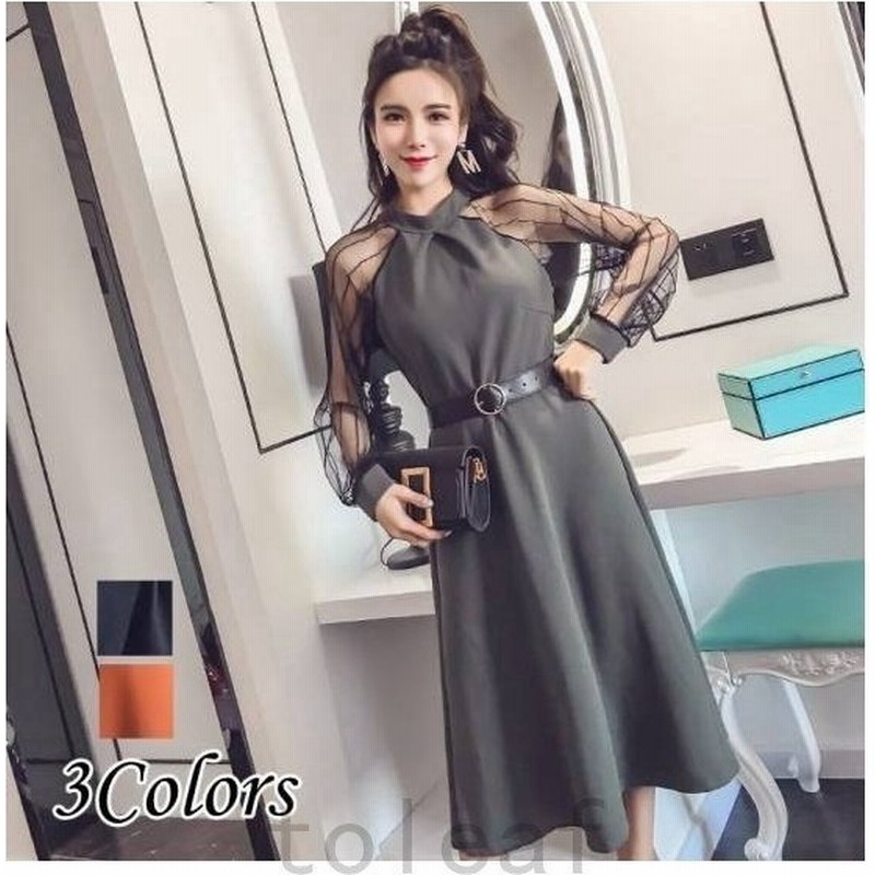 パーティードレスワンピースドレスドレスオフショル膝丈ミモレ丈袖ありaラインフレアおしゃれ個性的ホルターネック風シースルー透け袖ベルト 通販 Lineポイント最大0 5 Get Lineショッピング