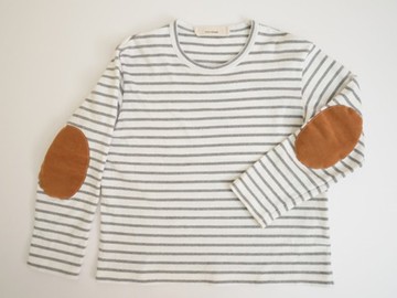 肘部補丁長袖條紋上衣 米白 x 淺灰色