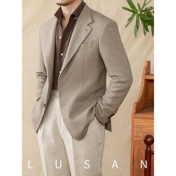 鹿三先生意式松弛感免燙亞麻天絲混紡人字紋西服外套男休閑西裝潮