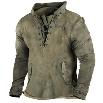 Solid color tactical lace-up hooded T-shirt純色戰術連帽T恤男