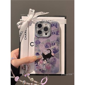 適用蘋果16ProMax手機殼新款iPhone16夢幻唯美紫色花叢貓咪15pplus全包鏡頭膜14網紅超火13氣質小眾12pm女款