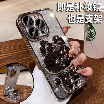 2024新款適用蘋果16promax手機殼iPhone15女士高端13鏡子支架12奢華高級感閃粉14plus帶鏡頭膜全包防摔11Pro