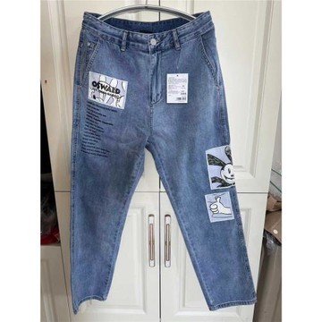 國貨美家男直筒淺藍夏季牛仔長褲貼布繡花牛仔褲子標準舒適男褲