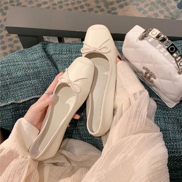 羊皮版~法式真皮小香風粗跟單鞋女蝴蝶結甜美奶奶鞋平底芭蕾舞鞋