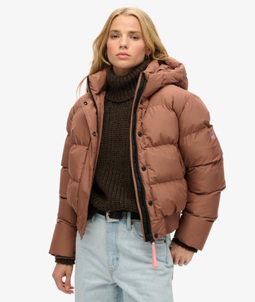 Superdry Women's Hooded Sports Puffer Bomber Jacket Brown Size: 10