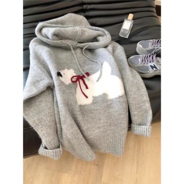大碼灰色小狗連帽套頭針織毛衣女冬季顯瘦減齡小個子內搭衛衣外套