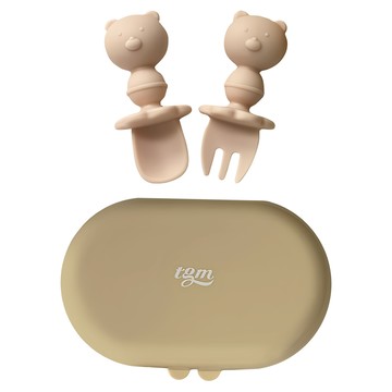 Tgm 矽膠兒童餐具組 小熊款 湯匙1入 + 叉子1入 + 收納盒1入  珊瑚粉  1組