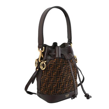 FENDI 8BS010 Mon Tresor 經典FF花紋麂皮迷你兩用水桶包.酒紅/咖